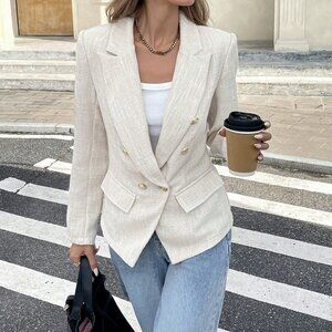 Apricot Elegant Women's Casual Commute Double-Breasted Blazer Jacket